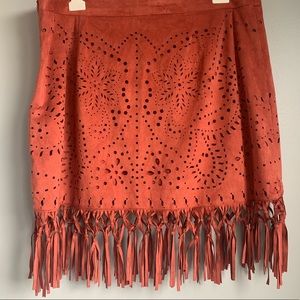 AEO Terra Cotta Suede Fringed Skirt